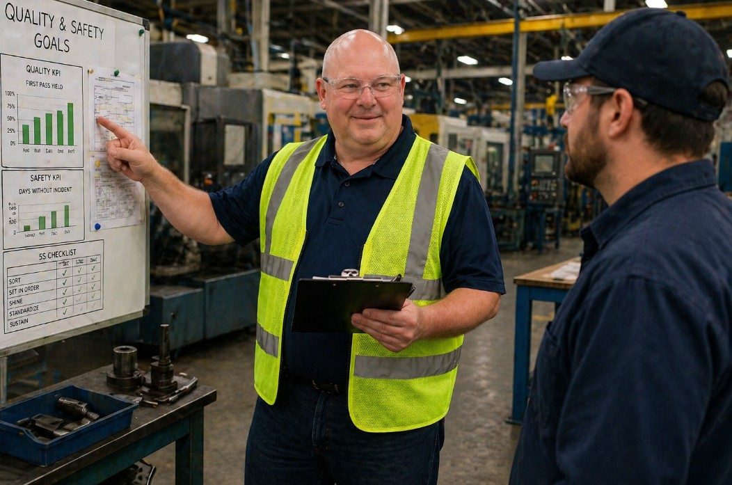 Tom Wood reviewing quality and safety goals with an operator on a manufacturing floor
