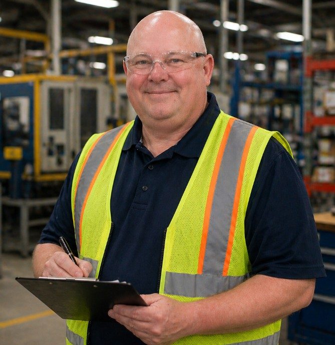 Tom Wood on a manufacturing floor with a clipboard